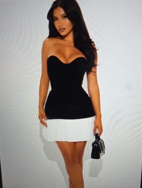 Fashion Nova Strapless Black Bodice with White Pleated Hem Mini Dress